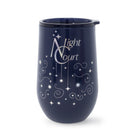 Navy blue tumbler with 'Night Court' text and star designs on a white background