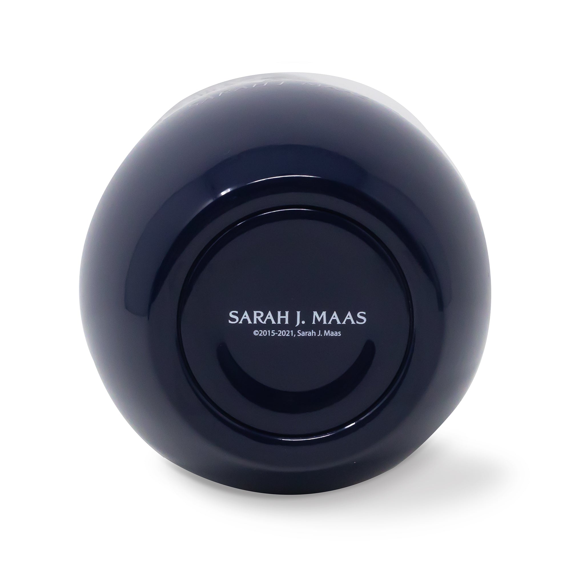 Navy blue spherical object with 'Sarah J. Maas' branding on a white background