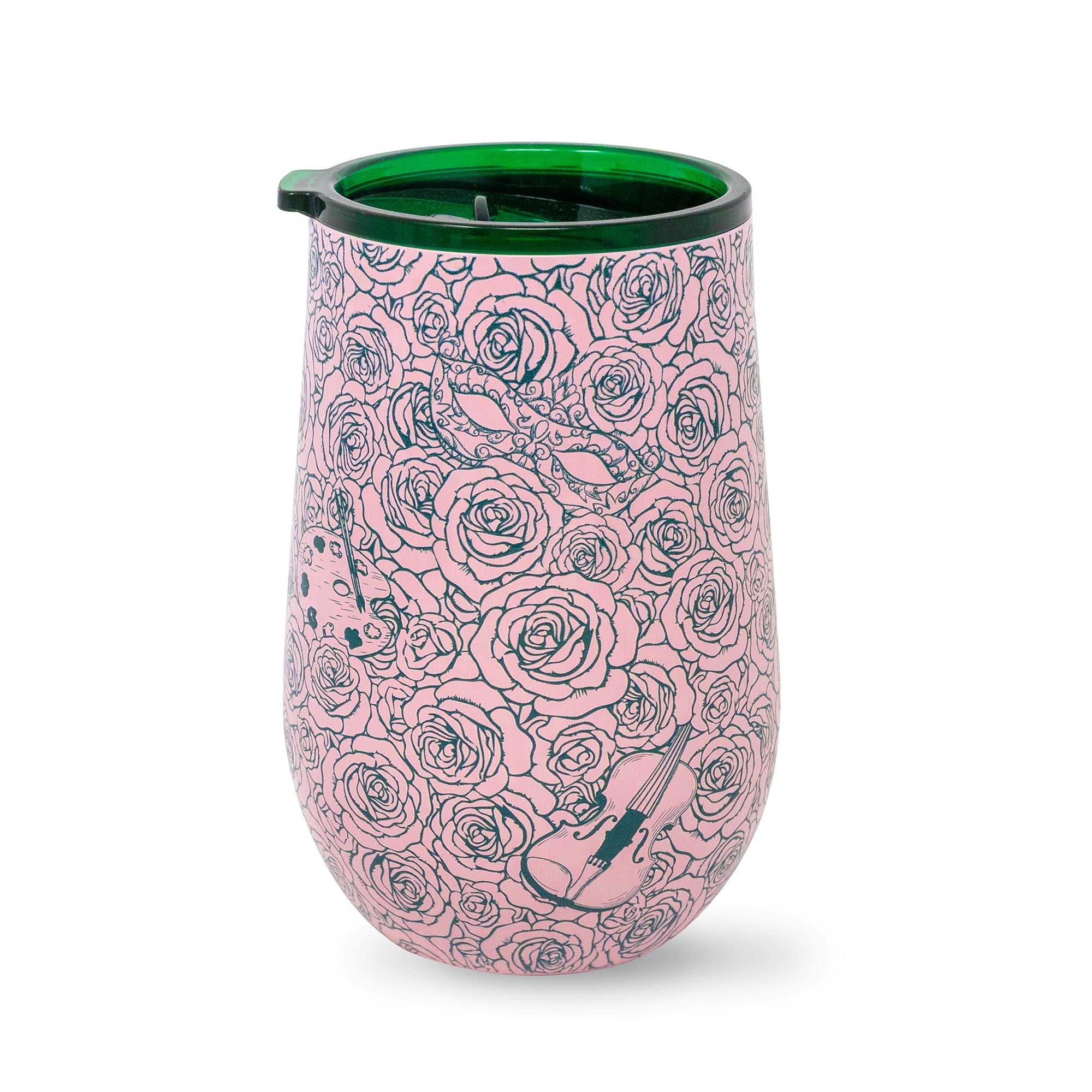 Pink tumbler with black floral and violin design on a white background