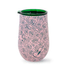 Pink tumbler with black floral and violin design on a white background
