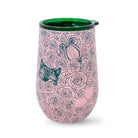 Pink tumbler with rose and butterfly design on a white background