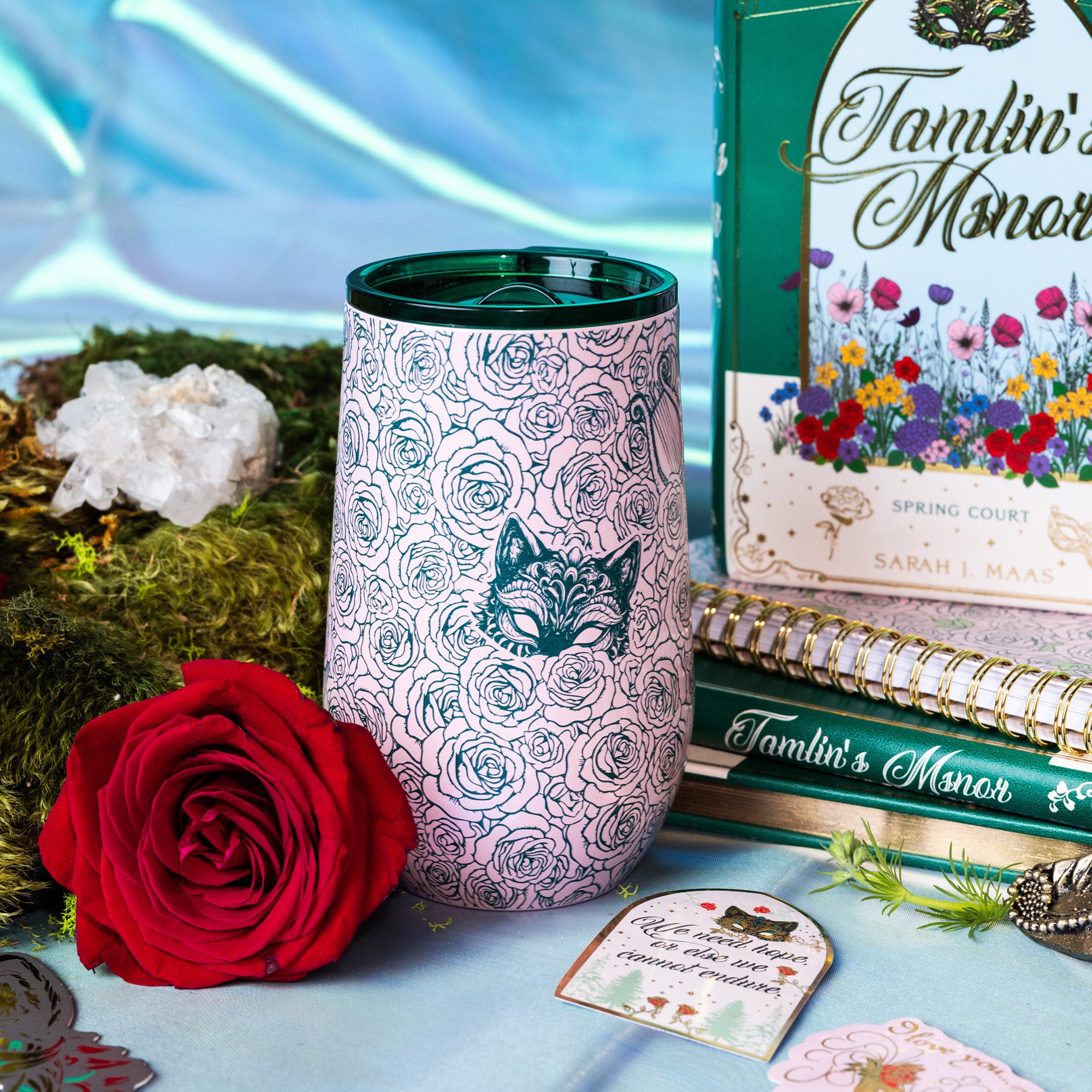 Pink tumbler with rose and butterfly design
