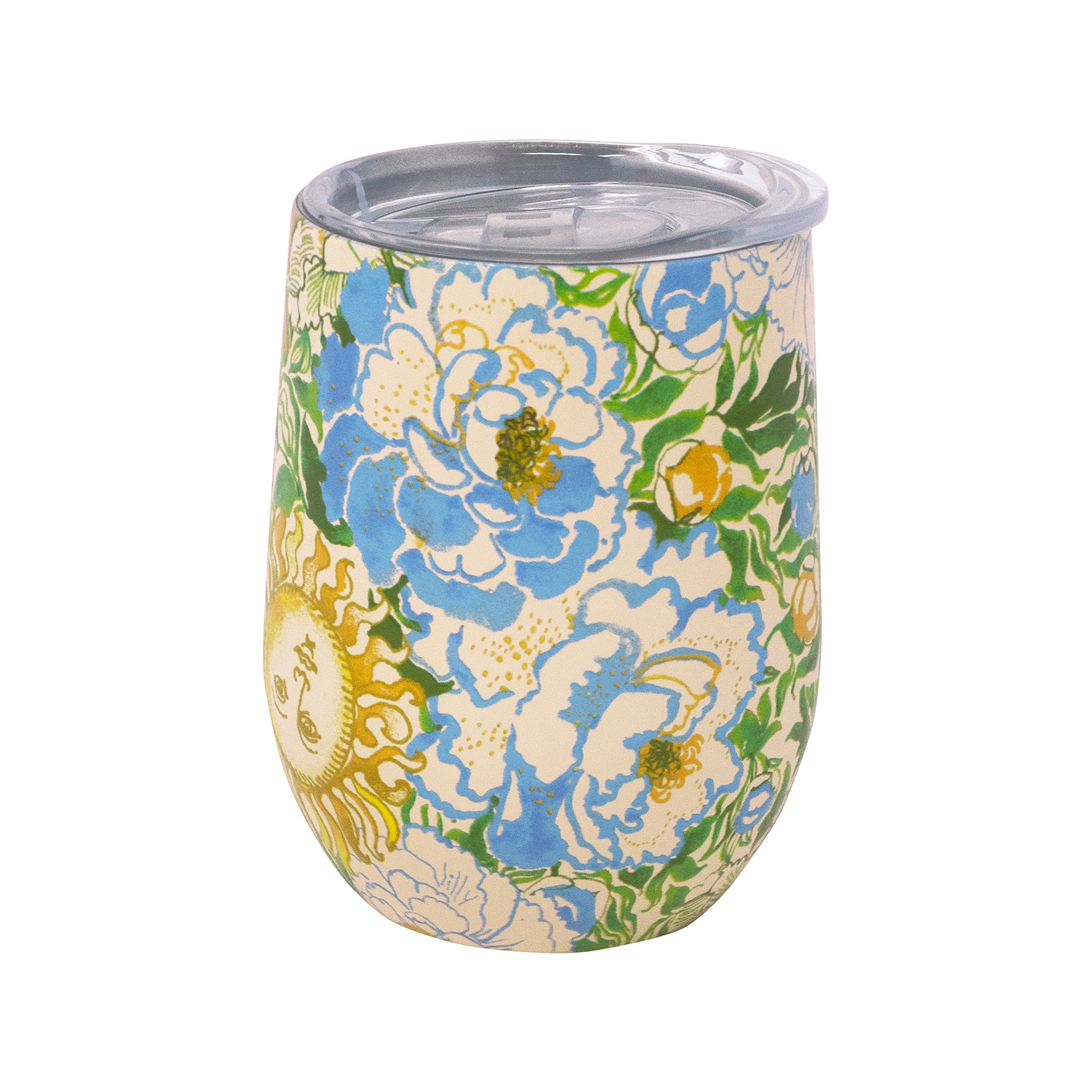 A stemless insulated tumbler with a clear lid, decorated with a colorful floral and sun pattern on a cream background. The design features large blue and white flowers with green leaves and yellow-gold sun motifs.