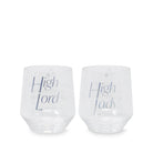 Two clear tumblers with 'High Lord' and 'High Lady' text on a white background