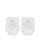 Two clear glasses with engraved text on a white background