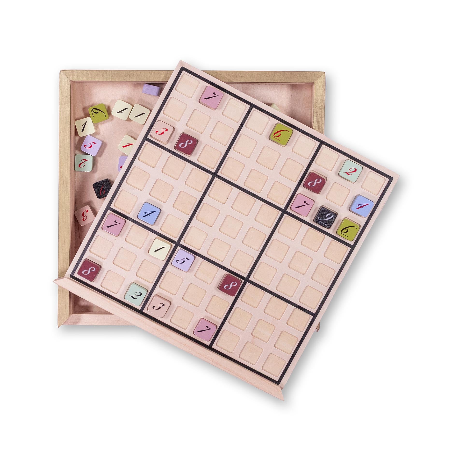 Sudoku game with wooden box on a white background