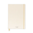 cream and metallic gold vertical stripe notebook with gold elastic closure and gold satin placeholder