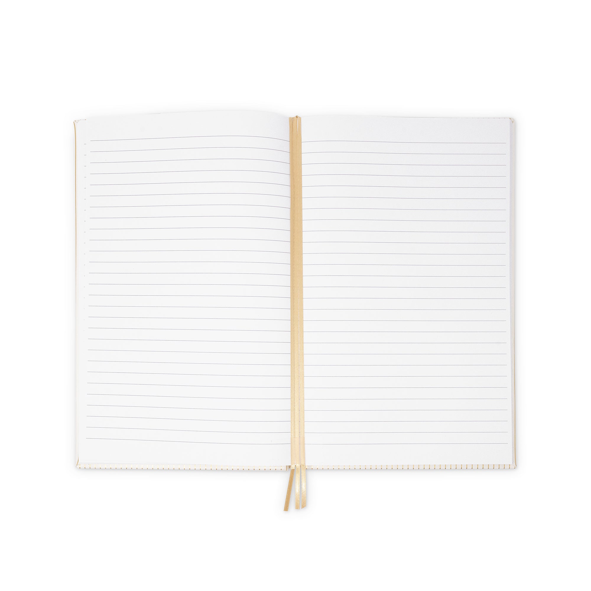 lined interior of cream and metallic gold vertical stripe notebook with gold elastic closure and gold satin placeholder
