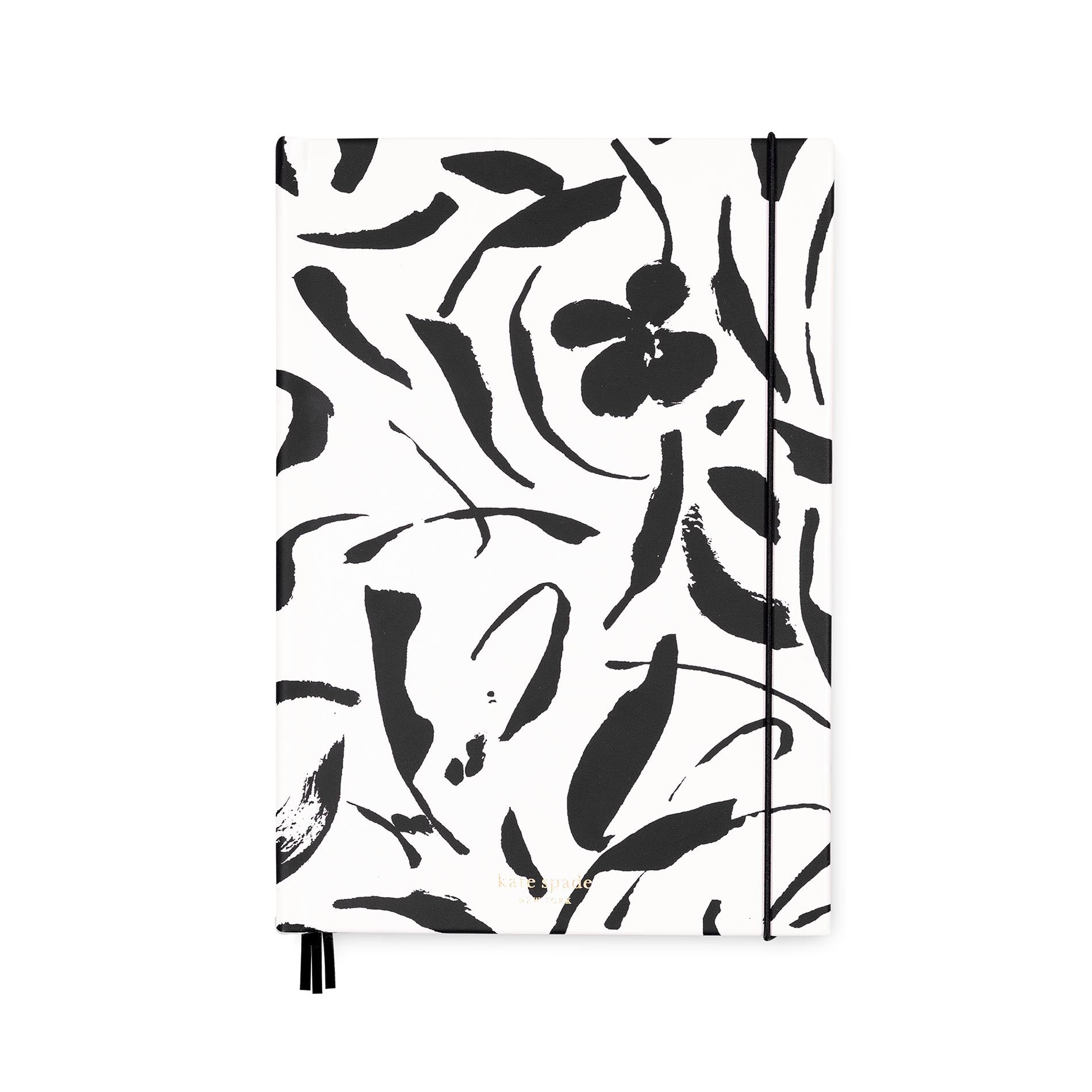 Notebook with black floral pattern on a white background