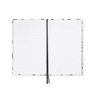 Open notebook with white pages and black binding on a white background