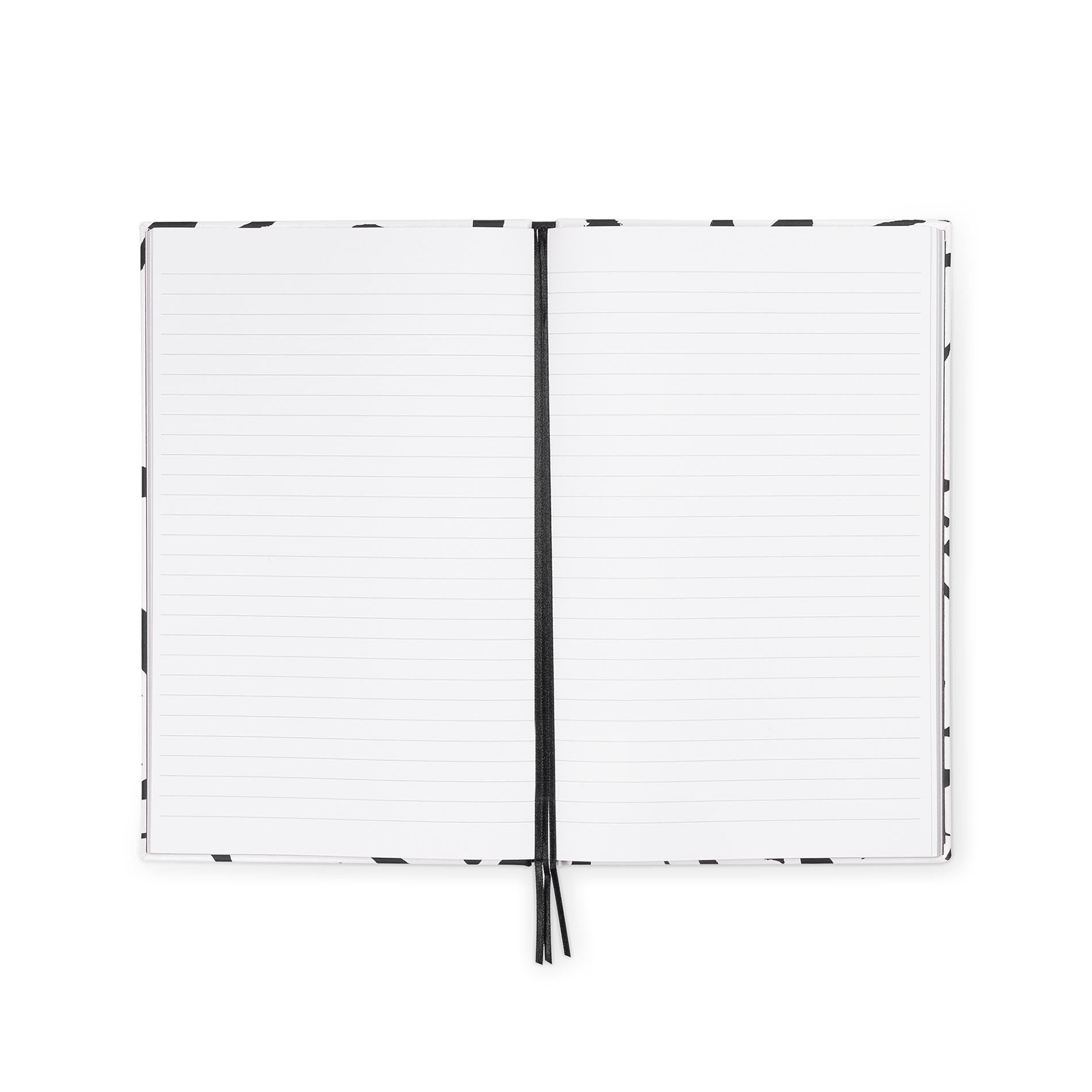 Open notebook with white pages and black binding on a white background
