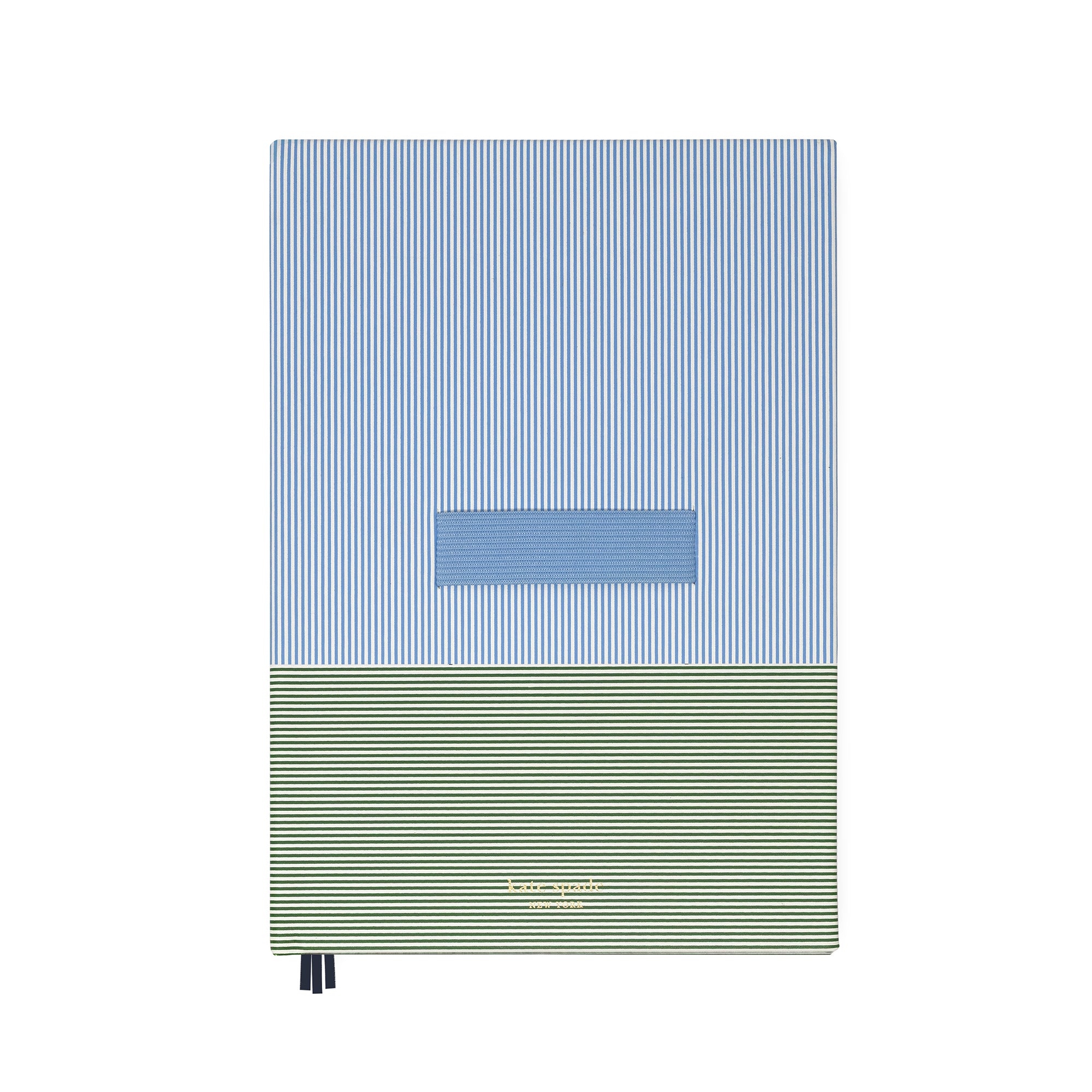 Notebook with blue and green striped design on a white background