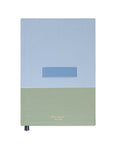 Notebook with blue and green striped design on a white background