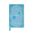 A light blue hardcover notebook featuring a green and blue Aquarius zodiac design with the text 'AQUARIUS' and 'THE WATER BEARER', complete with a green ribbon bookmark.