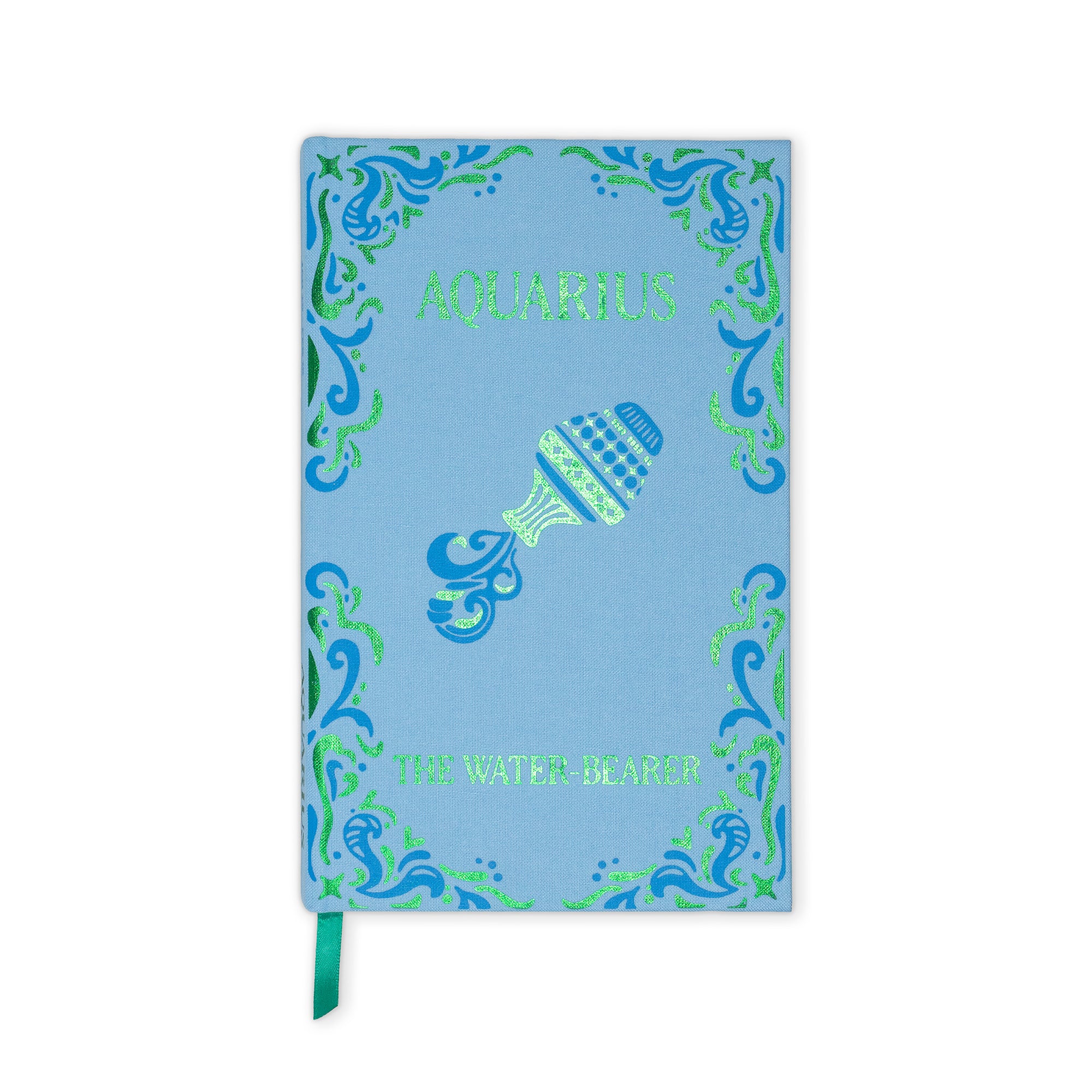 A light blue hardcover notebook featuring a green and blue Aquarius zodiac design with the text 'AQUARIUS' and 'THE WATER BEARER', complete with a green ribbon bookmark.