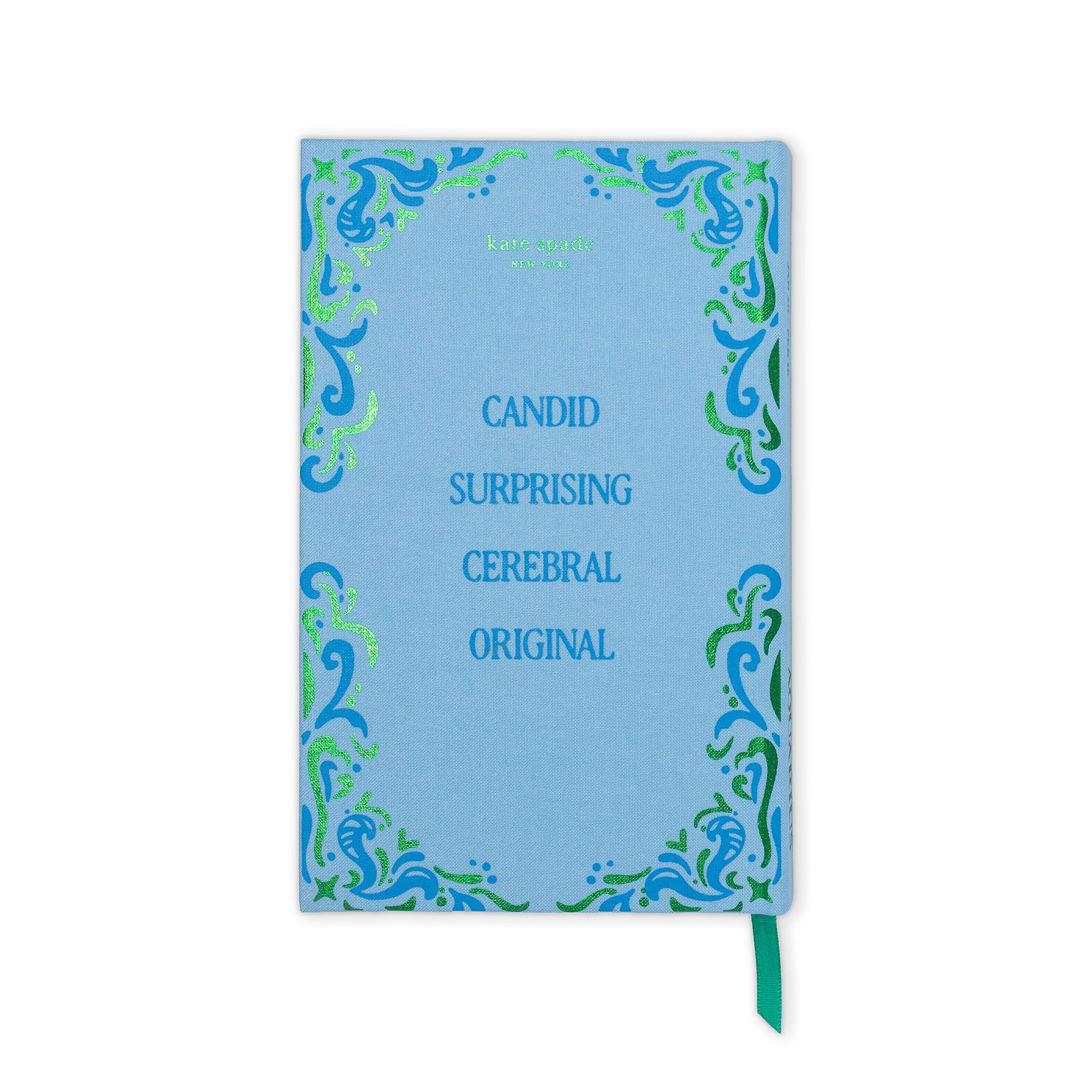 A light blue notebook with a decorative border of blue and green swirls and the text 'CANDID SURPRISING CEREBRAL ORIGINAL' printed in blue. A small green ribbon bookmark is visible at the bottom right.