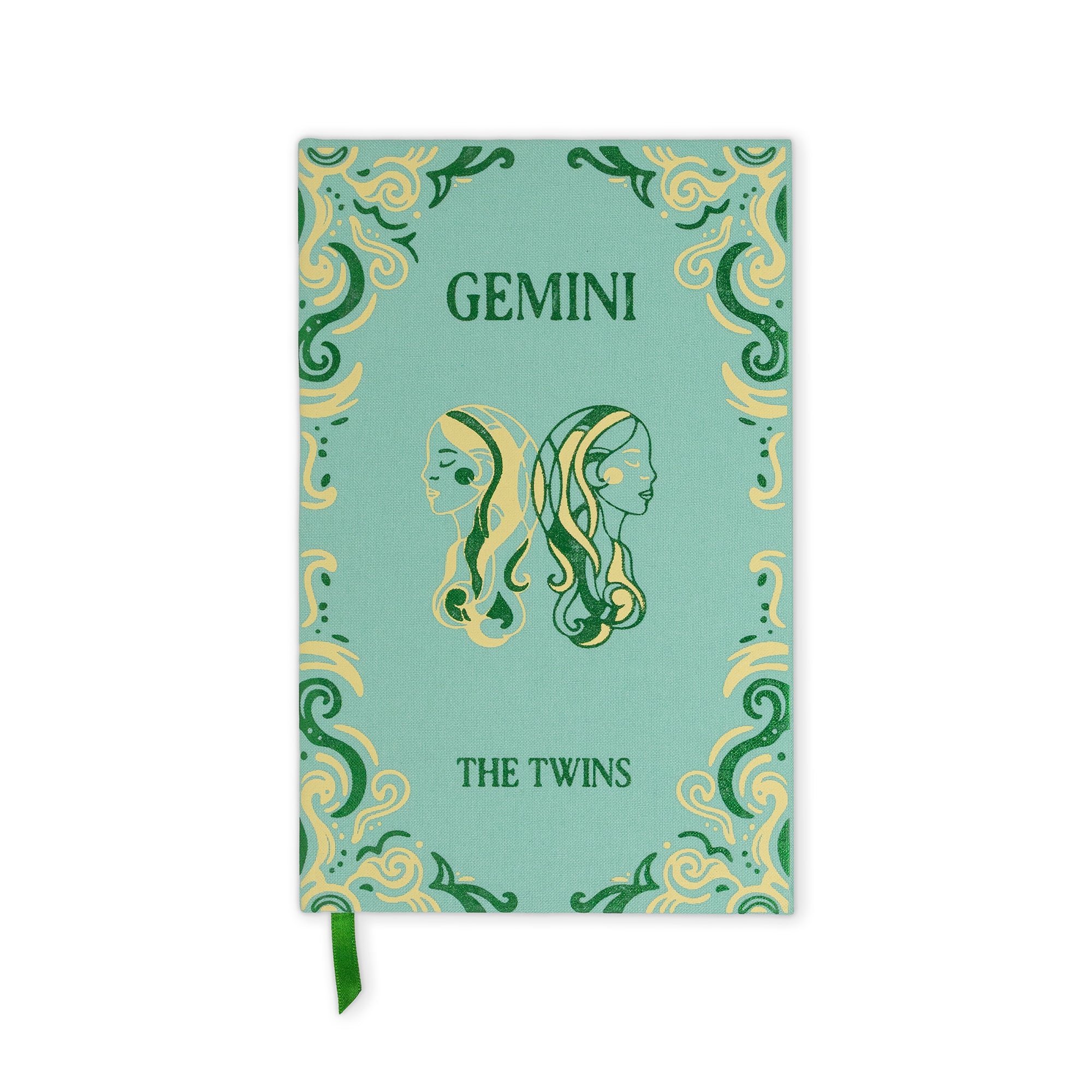 A mint green notebook or journal with a Gemini theme, featuring decorative green and gold scrollwork borders, twin illustrations, and a green ribbon bookmark.