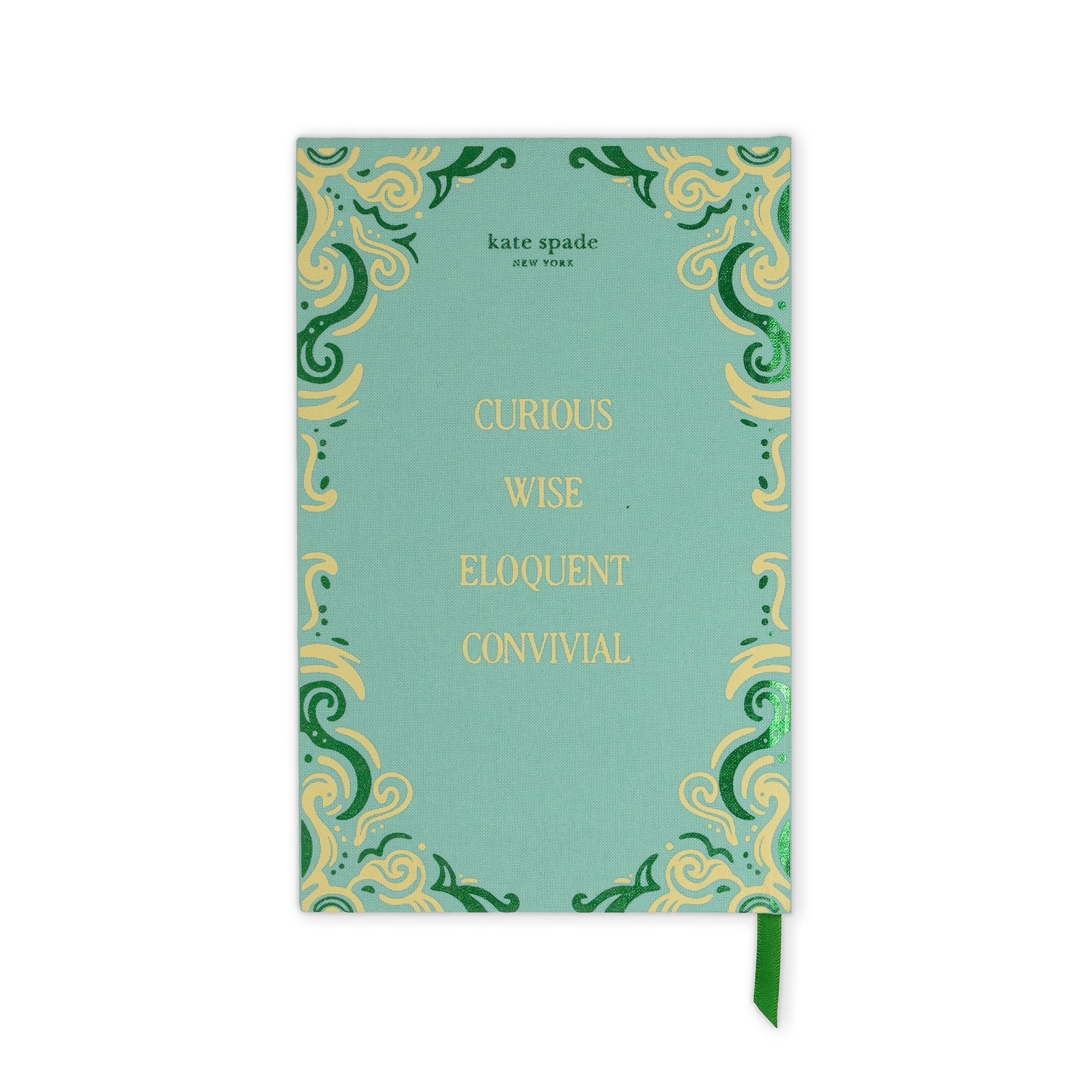 Kate Spade New York 'Curious Wise Eloquent Convivial' hardcover notebook in sage green with gold foil lettering and a green ribbon bookmark, shown on a plain white background.