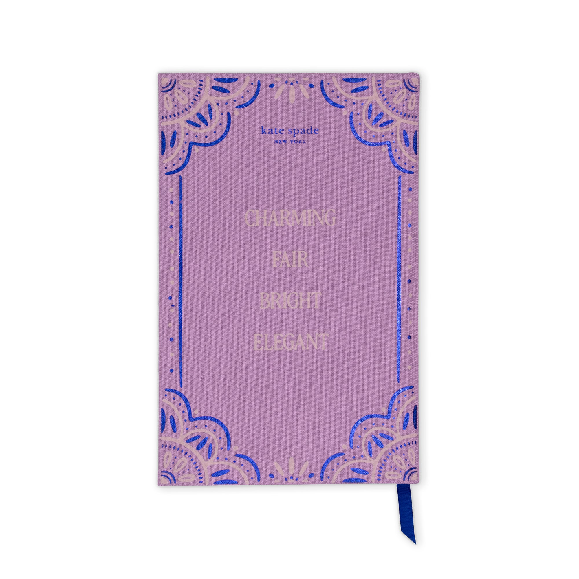 A Kate Spade New York notebook with a lavender purple cover, featuring blue ornate lace-like corner patterns and gold foil text that reads 'CHARMING FAIR BRIGHT ELEGANT.' A dark blue ribbon bookmark hangs from the bottom right corner.