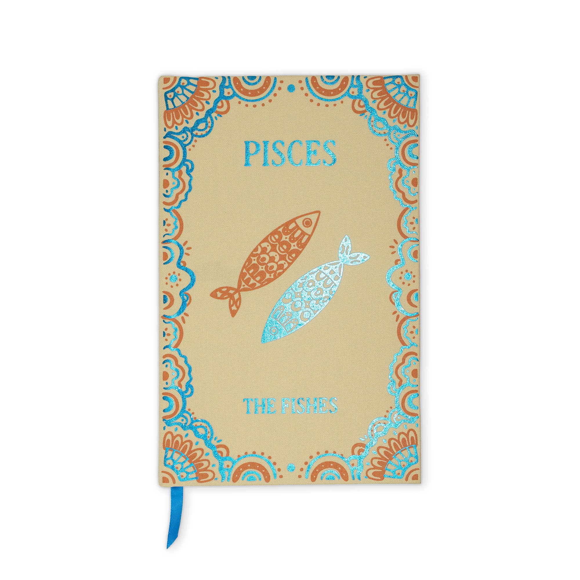 A Pisces zodiac-themed notebook with a beige cover, decorated with a blue and orange mandala border, two fish illustrations, and the words 'PISCES' and 'THE PISCES'. A blue ribbon bookmark hangs from the bottom.