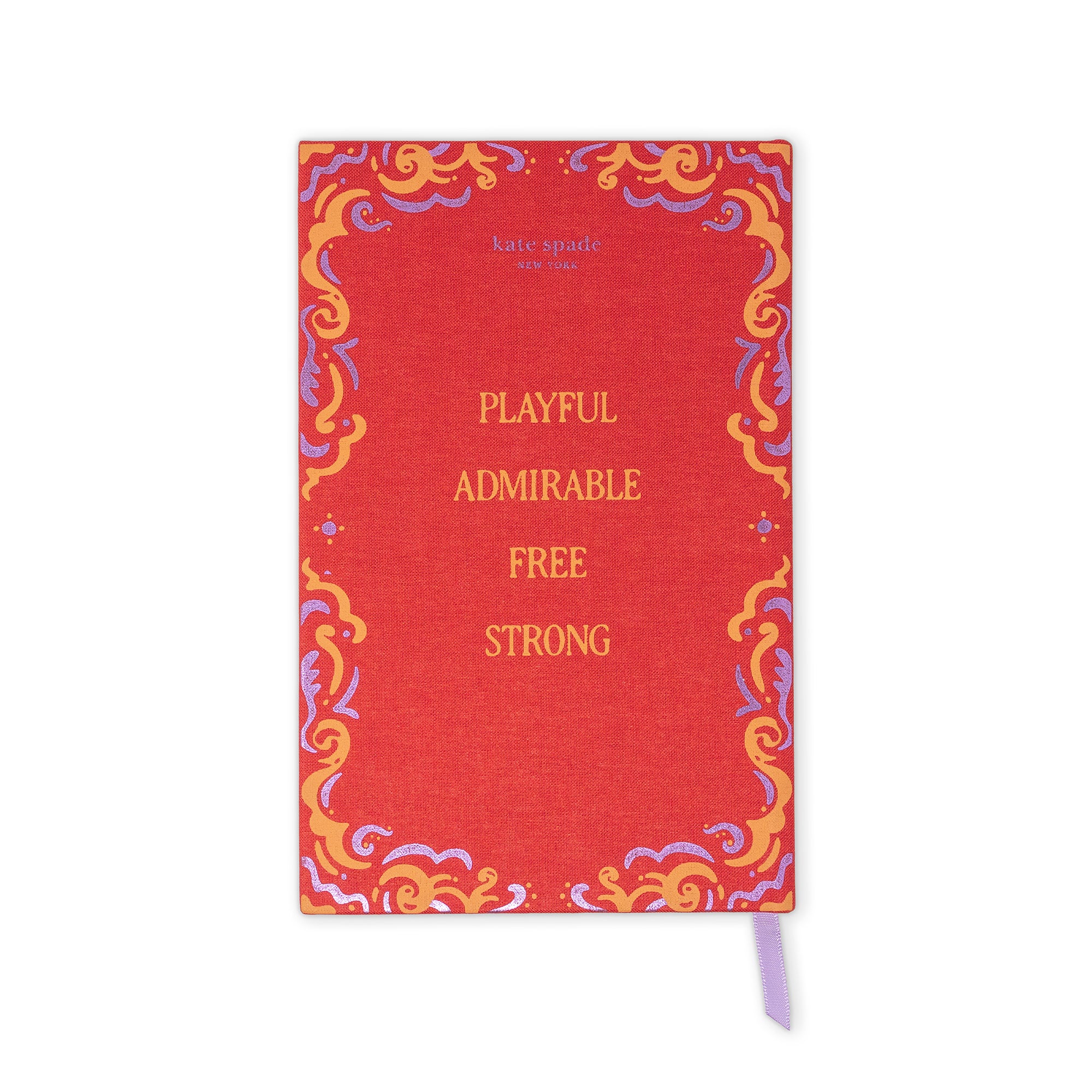 Kate Spade New York 'Playful Admirable Free Strong' notebook with a textured red cover, ornate gold, purple, and orange scrollwork border, and a lavender ribbon bookmark, shown on a white background.