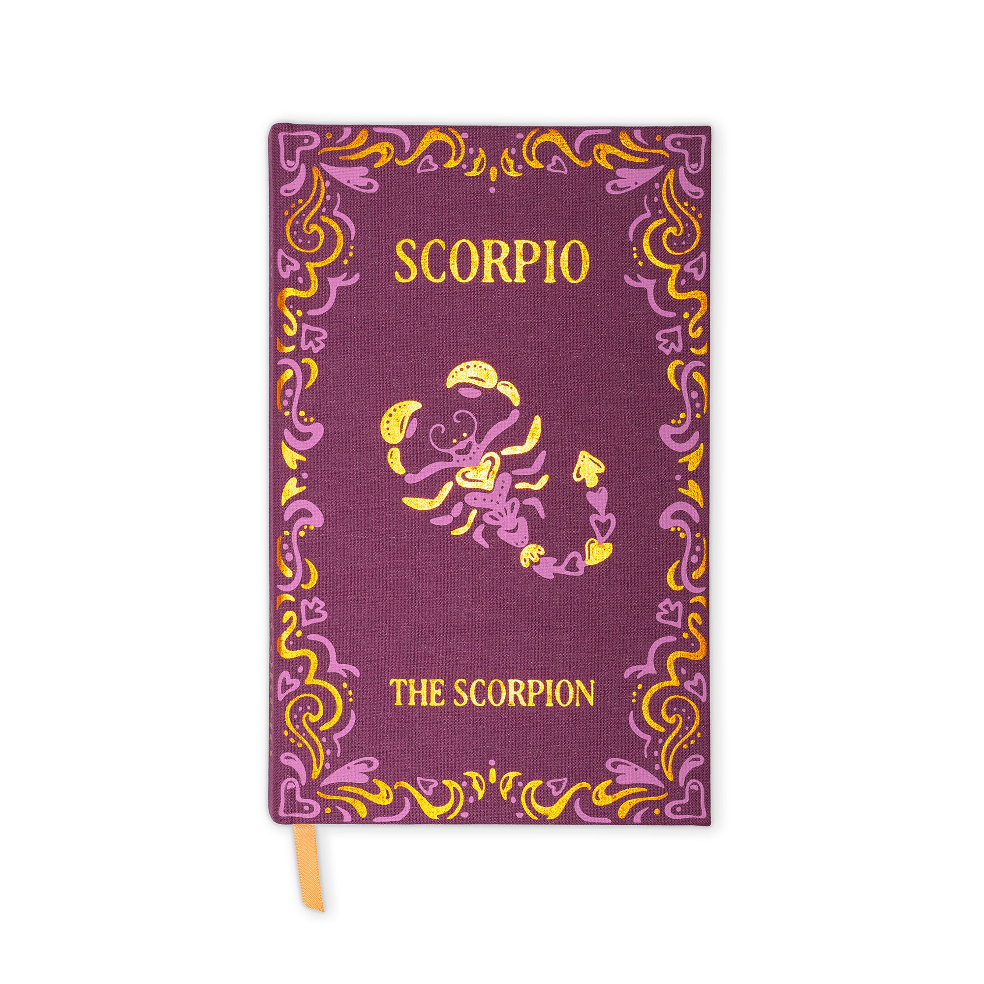 A hardcover notebook or journal with a purple cover featuring a gold and purple ornate border, the word 'SCORPIO' at the top, a central scorpion illustration, and 'THE SCORPION' at the bottom. A small peach bookmark ribbon is visible at the bottom edge, set against a plain white background.