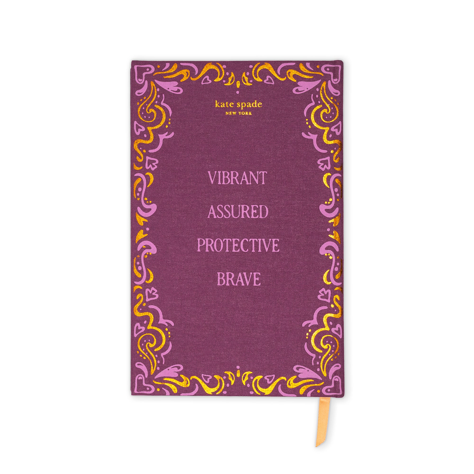 Kate Spade New York notebook with a textured purple cover, featuring a decorative border in pink and yellow, and the text 'Vibrant Assured Protective Brave' on the front cover, shown on a white background.
