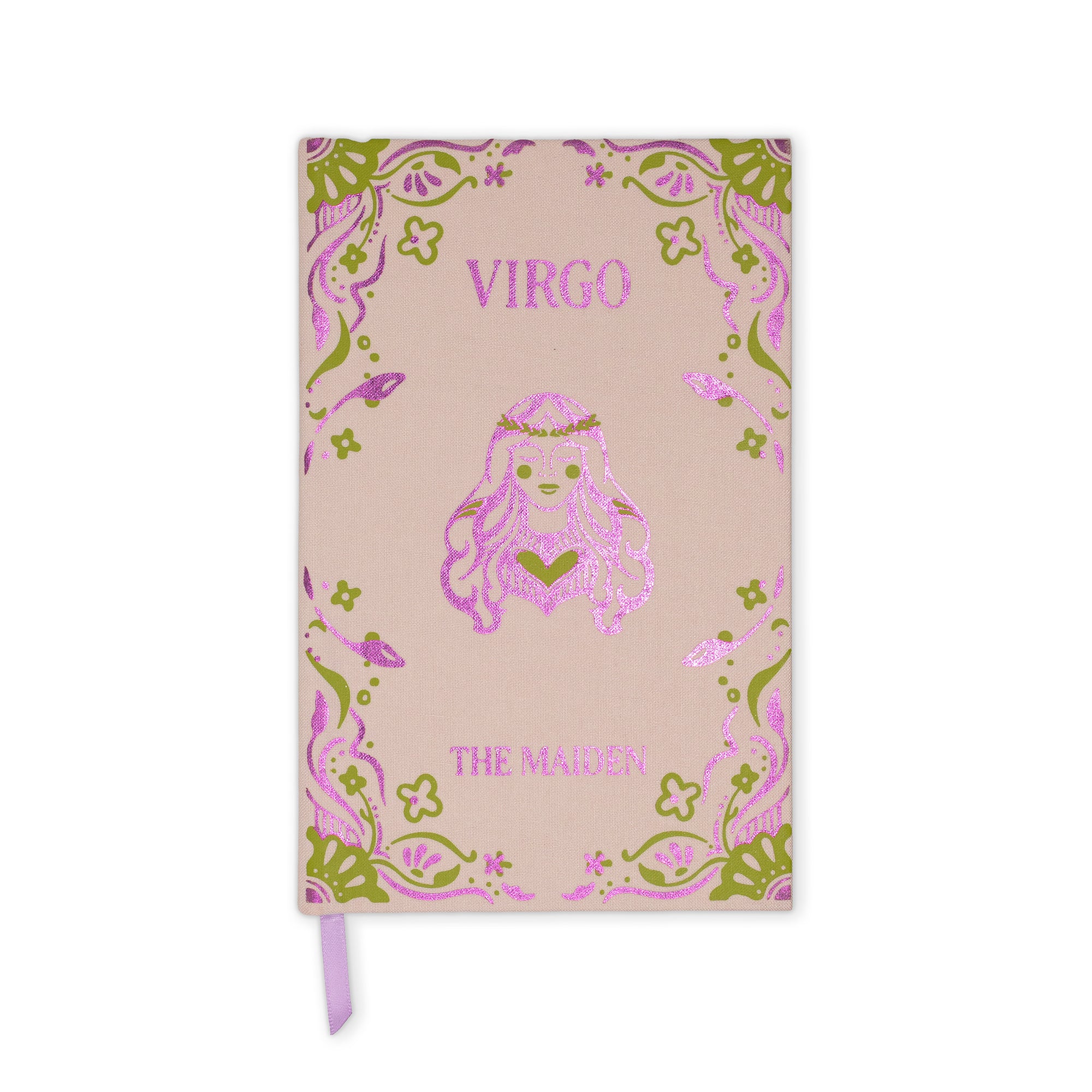 A pink notebook with a decorative foil border and a central glittery Virgo illustration. The cover features the text 'VIRGO' at the top and 'THE MAIDEN' at the bottom, with a lavender ribbon bookmark hanging from the bottom edge.