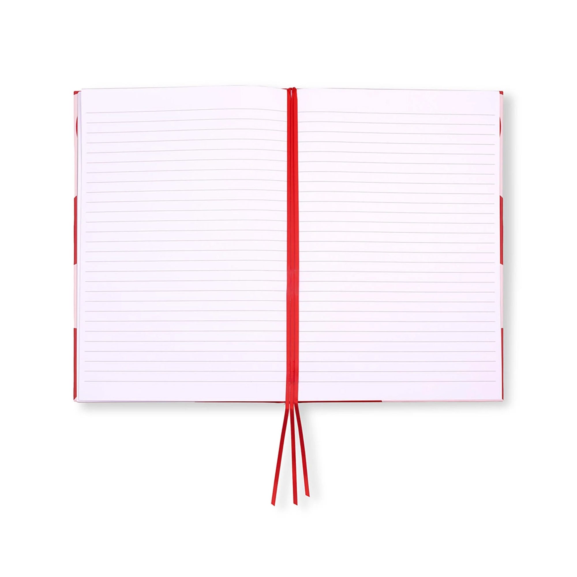 Open notebook with red binding on a white background