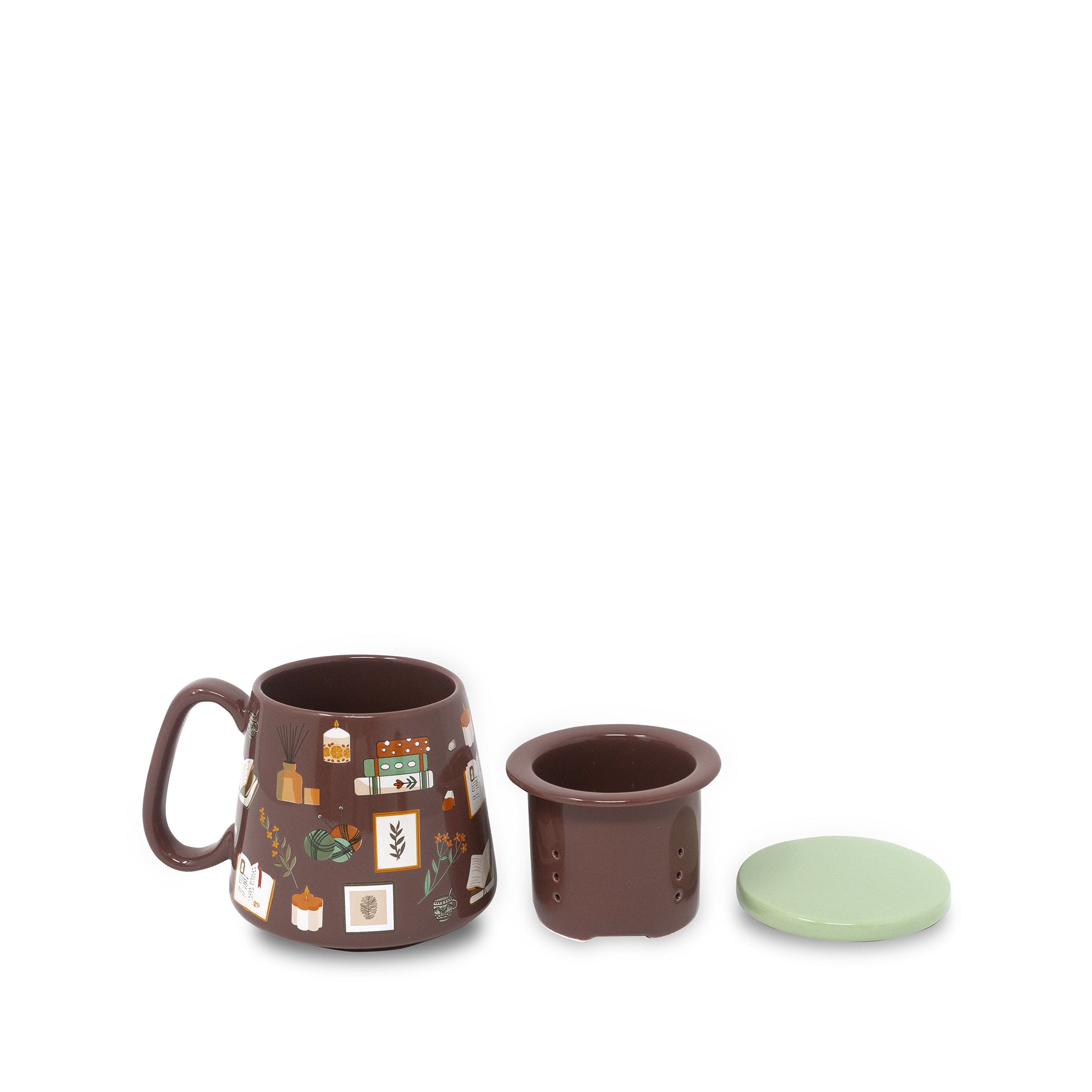 Brown ceramic mug with decorative elements, matching cup holder, and green lid on a white background