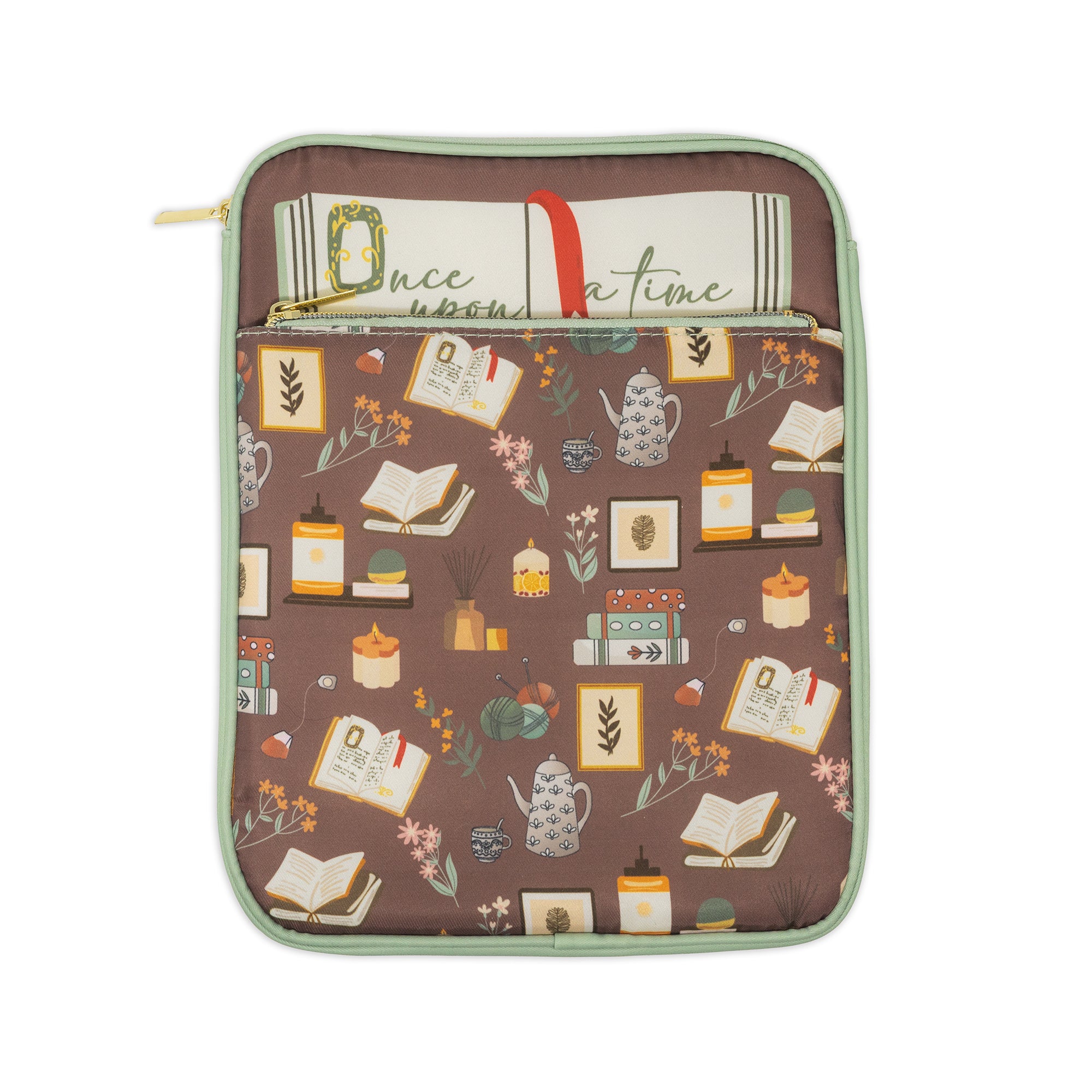 brown book sleeve with colorful cozy book nook icons