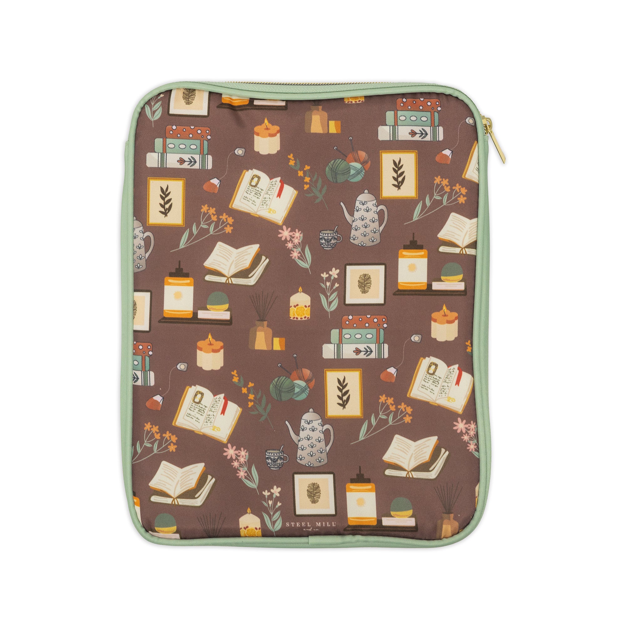 back view of brown book sleeve with colorful cozy book nook icons