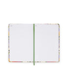 Notebook with colorful cover and green binding on a white background