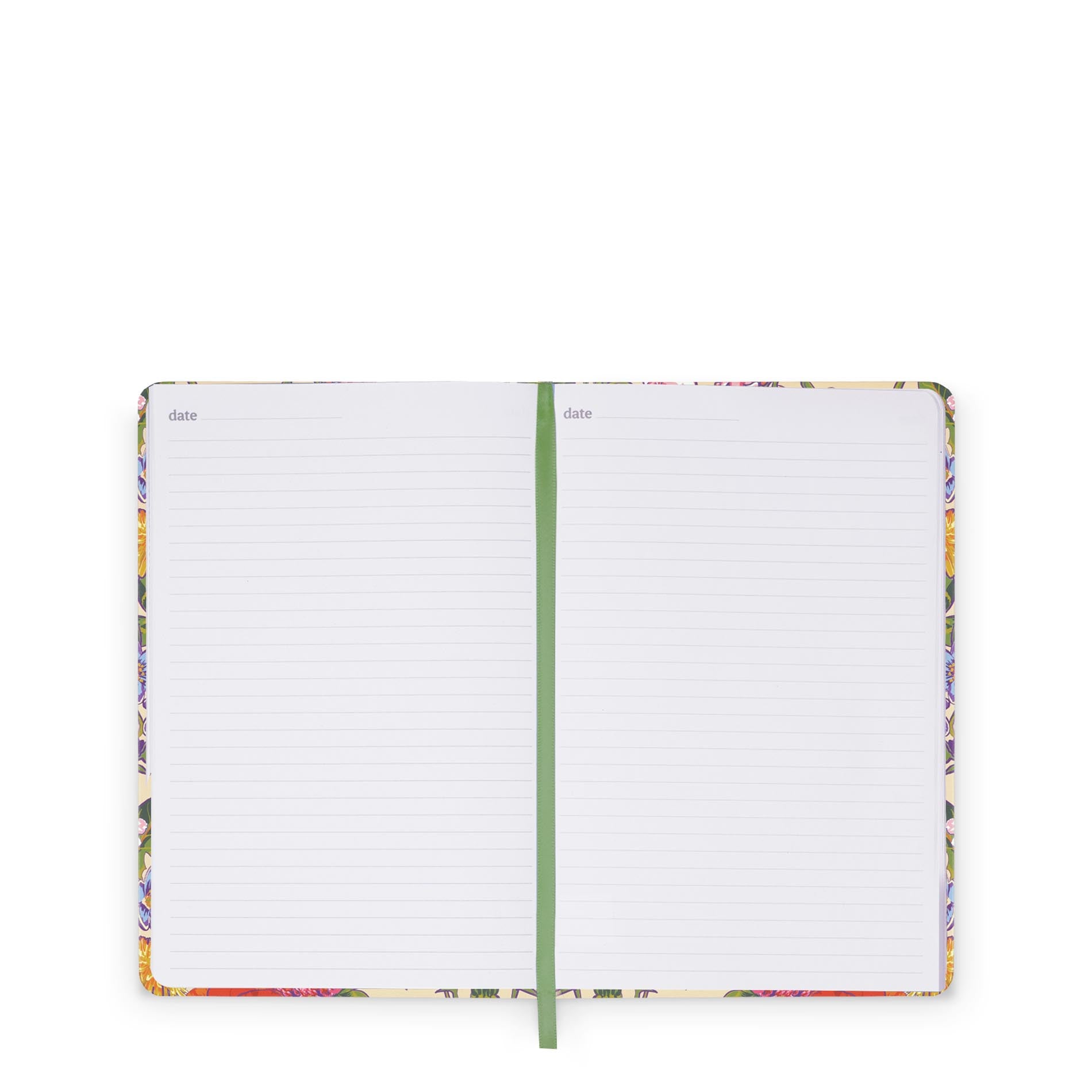 Notebook with colorful cover and green binding on a white background