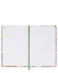 Notebook with colorful cover and green binding on a white background