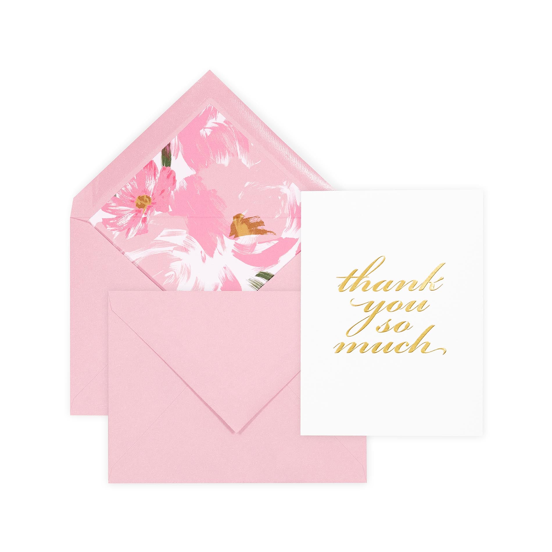 Pink floral card with 'thank you so much' text and matching pink envelope on a white background