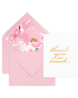Pink floral card with 'thank you so much' text and matching pink envelope on a white background