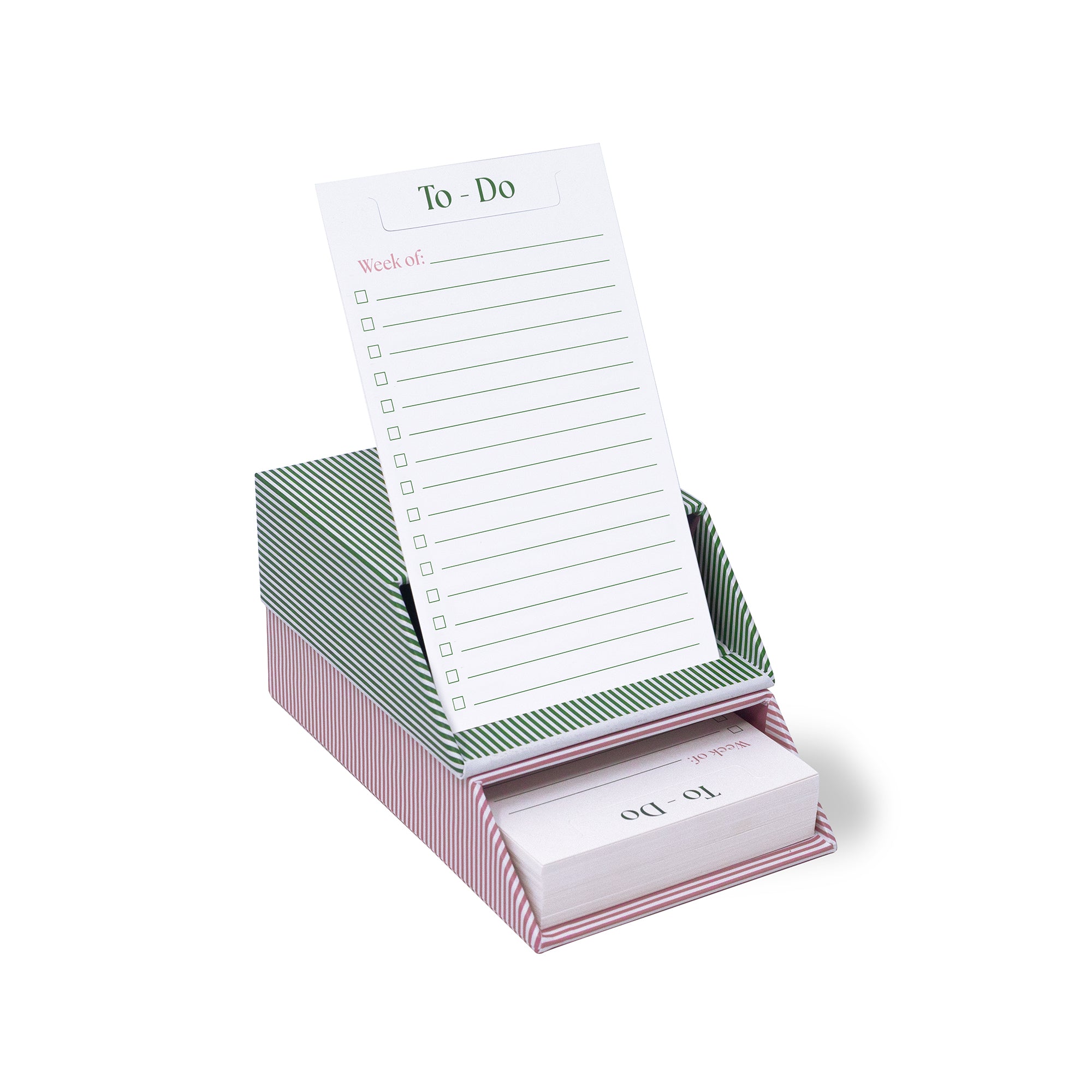 Striped to-do list pad with pink holder on a white background