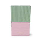 Two striped boxes, one green and white, one pink and white, on a white background.