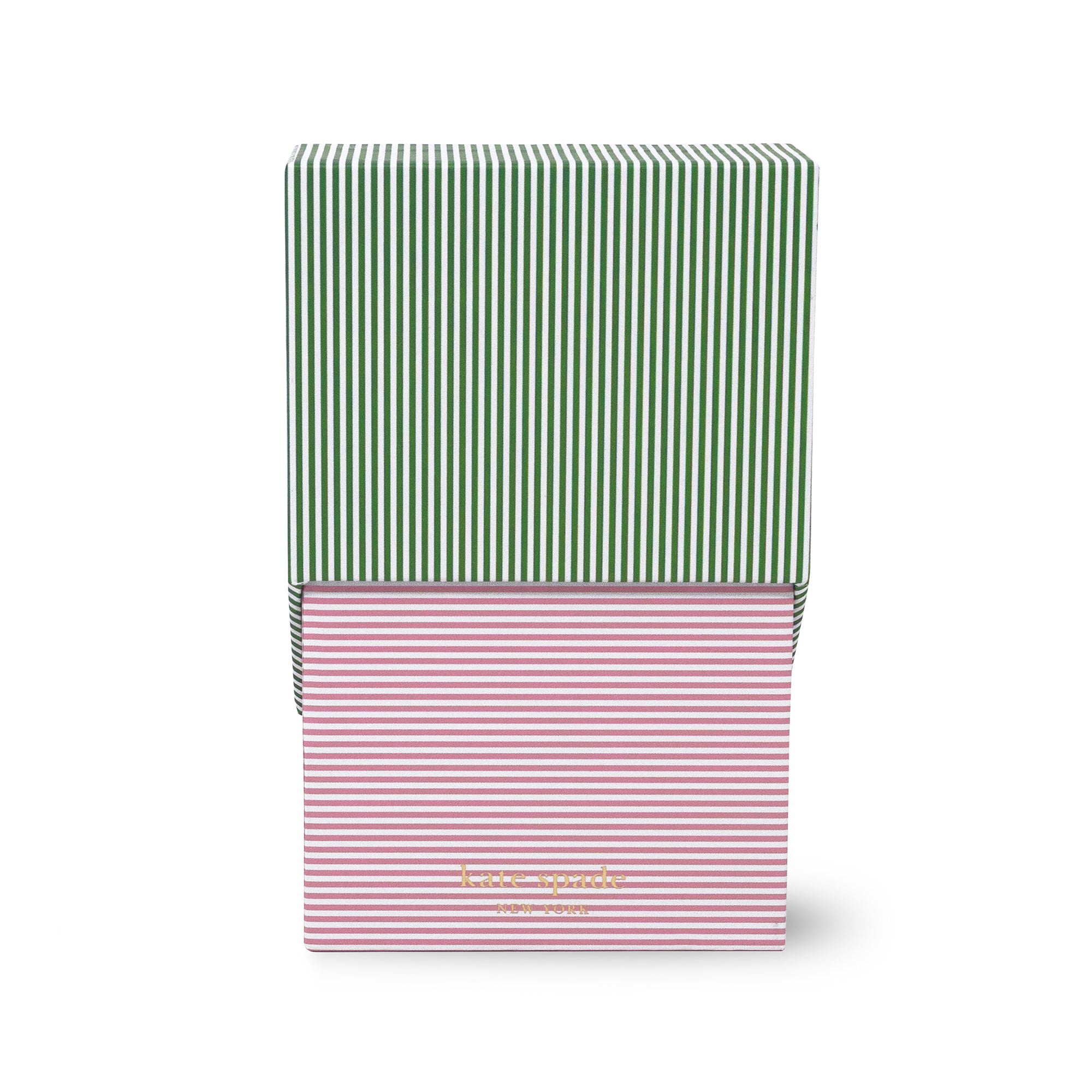 Two striped boxes, one green and white, one pink and white, on a white background.