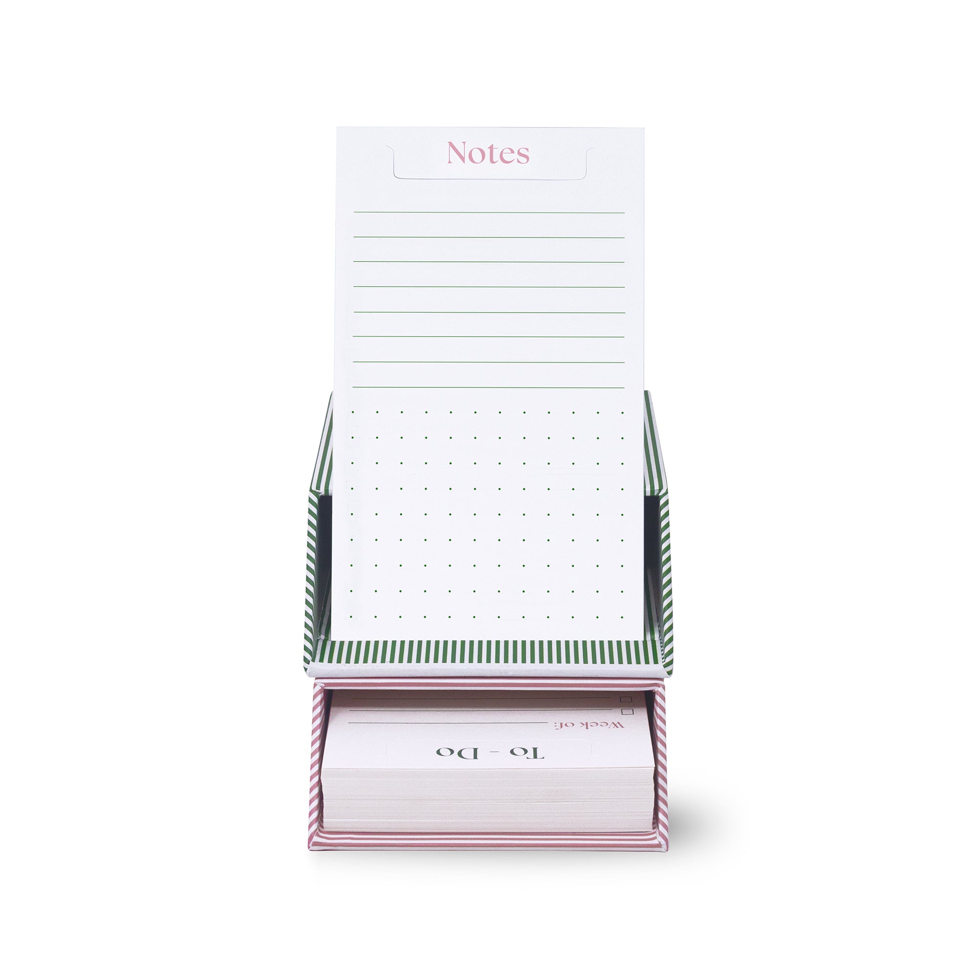 Notebook with a green and white striped holder on a white background