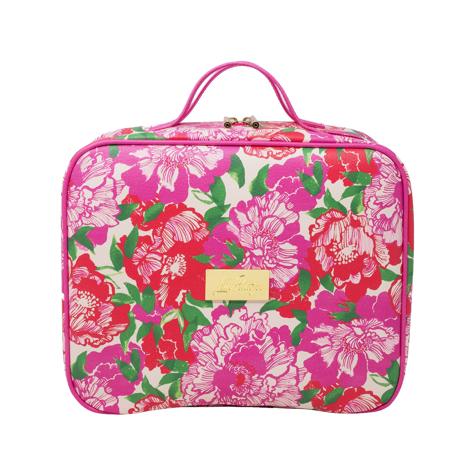 A rectangular toiletry bag with a vibrant floral print featuring pink, red, and green flowers on a white background, complete with a top handle and a gold-tone brand plaque.