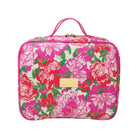 A rectangular toiletry bag with a vibrant floral print featuring pink, red, and green flowers on a white background, complete with a top handle and a gold-tone brand plaque.