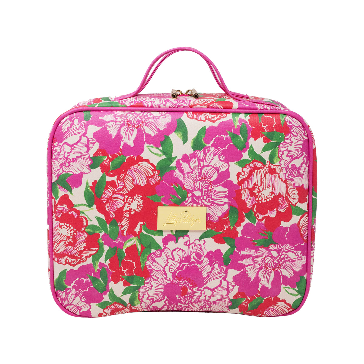 A rectangular toiletry bag with a vibrant floral print featuring pink, red, and green flowers on a white background, complete with a top handle and a gold-tone brand plaque.