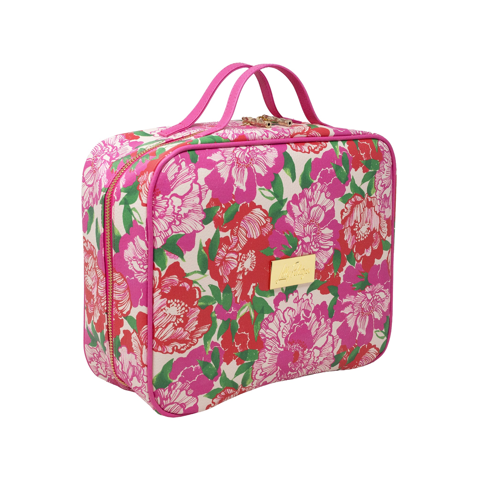 A rectangular cosmetic bag with a vibrant pink, red, and green floral print on a cream background, featuring pink handles and a gold-tone brand plaque.