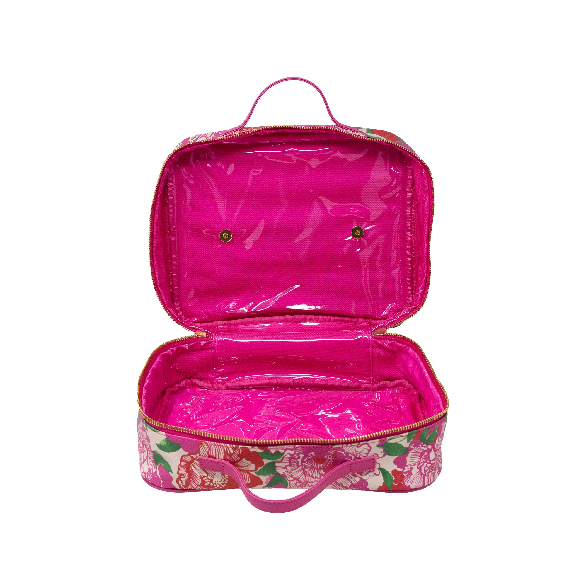 An open cosmetic bag with a glossy hot pink interior and a floral exterior featuring pink, red, and green flowers on a light background, set against a plain white background.