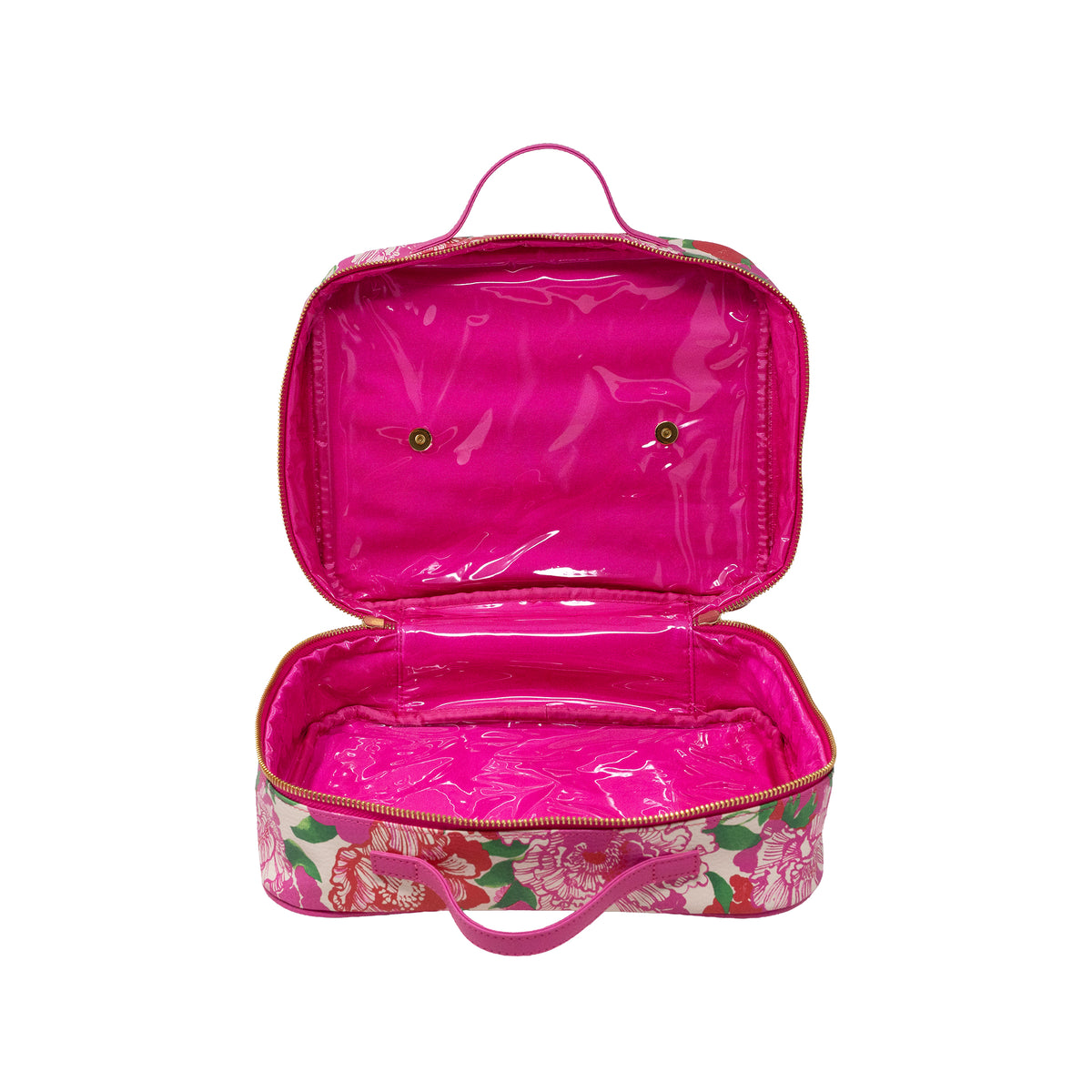 An open cosmetic bag with a glossy hot pink interior and a floral exterior featuring pink, red, and green flowers on a light background, set against a plain white background.