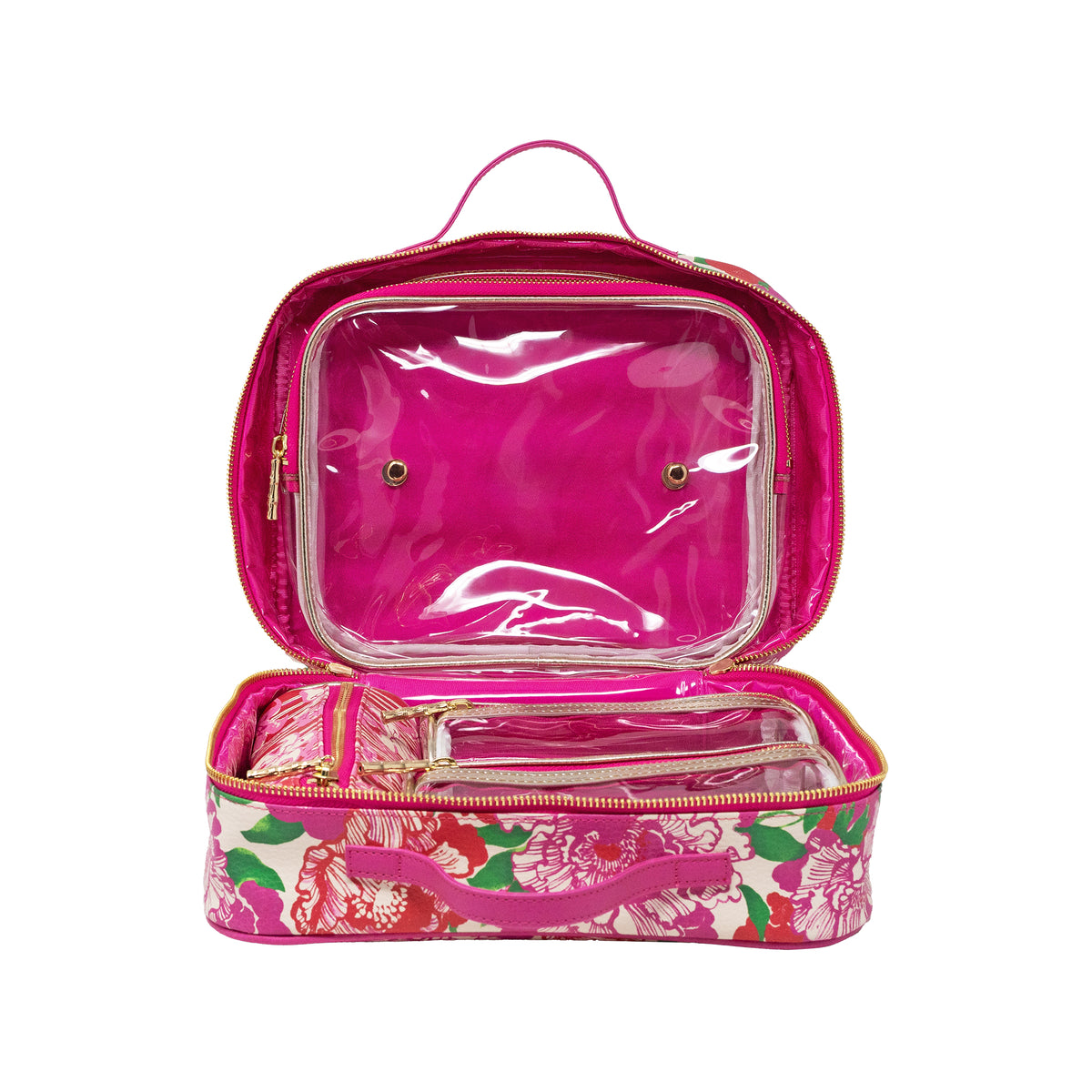 An open makeup bag with a bright pink interior, clear plastic zippered compartments, and a floral print exterior in pink, red, and green on a white background.