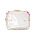 A clear plastic cosmetic pouch with a bright pink zipper and gold-tone metal snap buttons, shown on a plain white background.