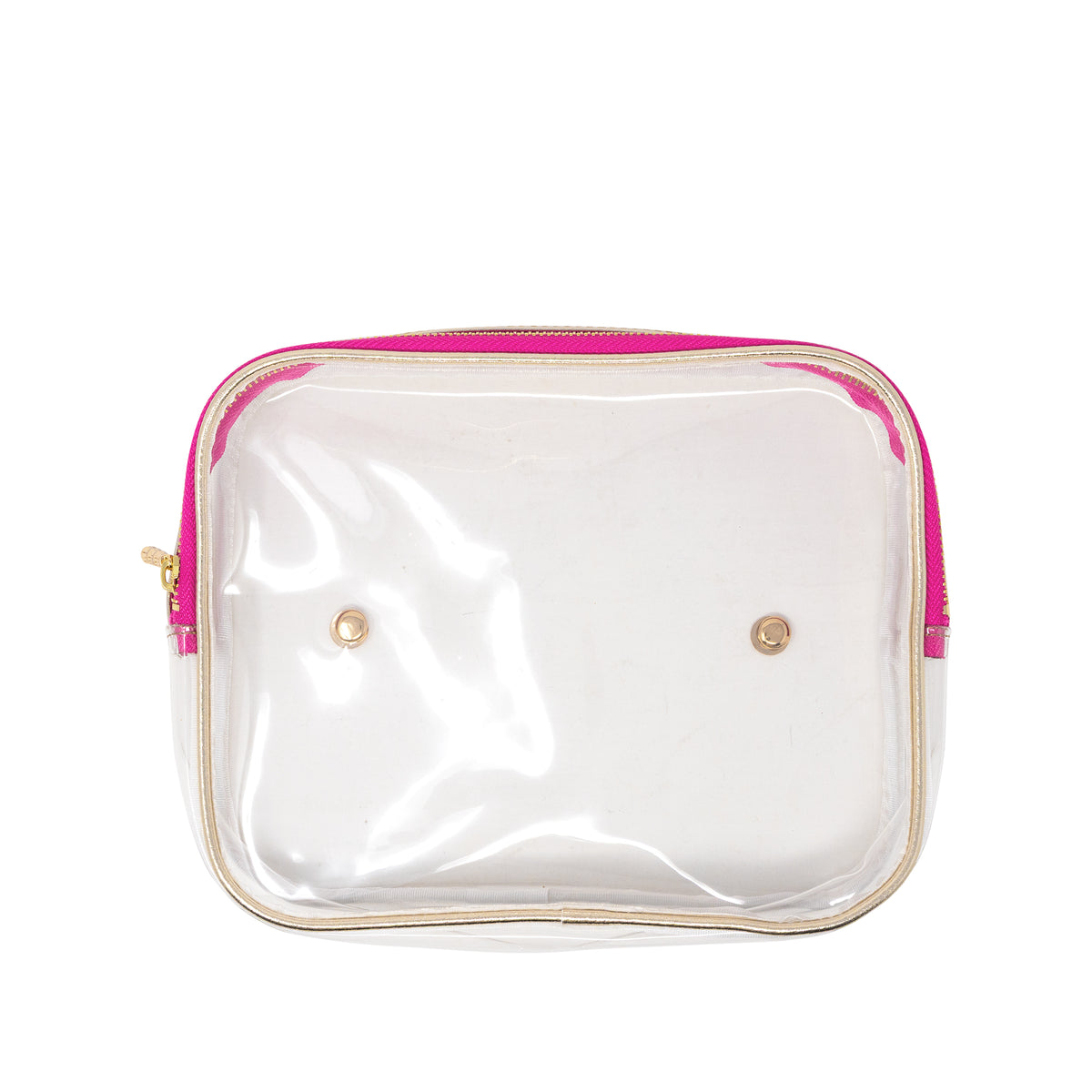 A clear plastic cosmetic pouch with a bright pink zipper and gold-tone metal snap buttons, shown on a plain white background.